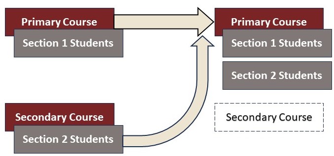 two courses, one labled primary with section 1 students, the other labled secondary with section 2 students under. Arrows pointing to the left to a box labled primary, underneath section 1 and 2 students.