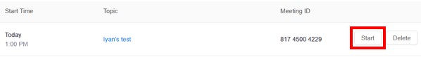 Zoom meeting list with the Start button highlighted