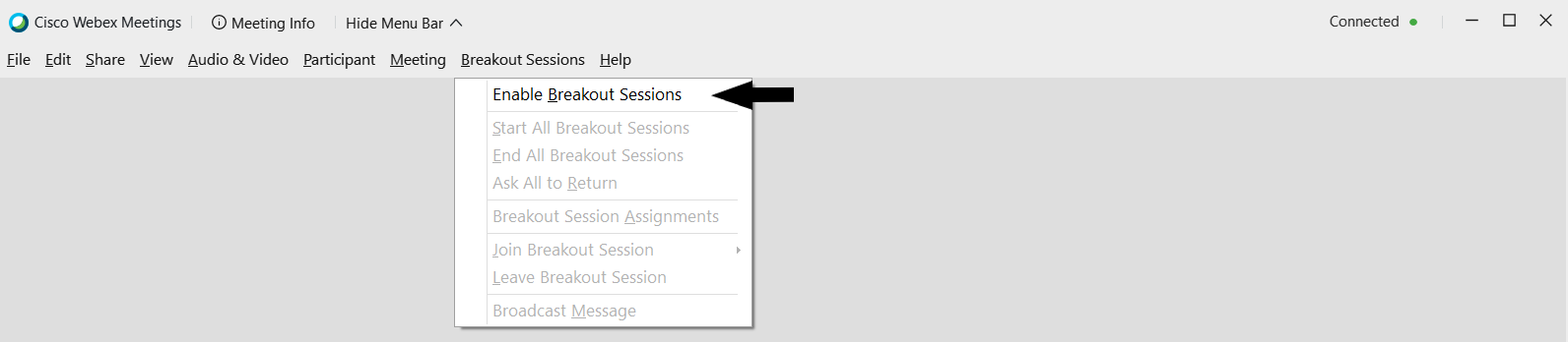 WebEx Menu showing enable breakout session