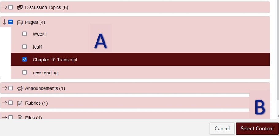 course content selection popup, with pages selected and a Chapter 10 transcrip hightlight. A blue A is over the page while a blue B is over a select content button corisponding to the instructions above.